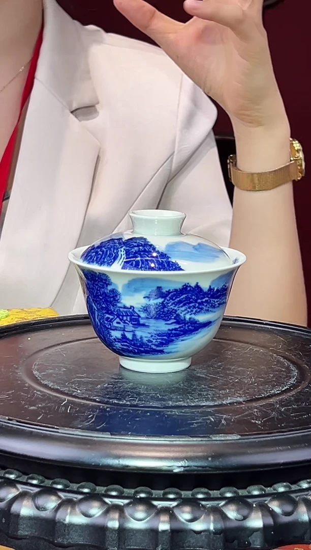 古县衙青花山水盖碗