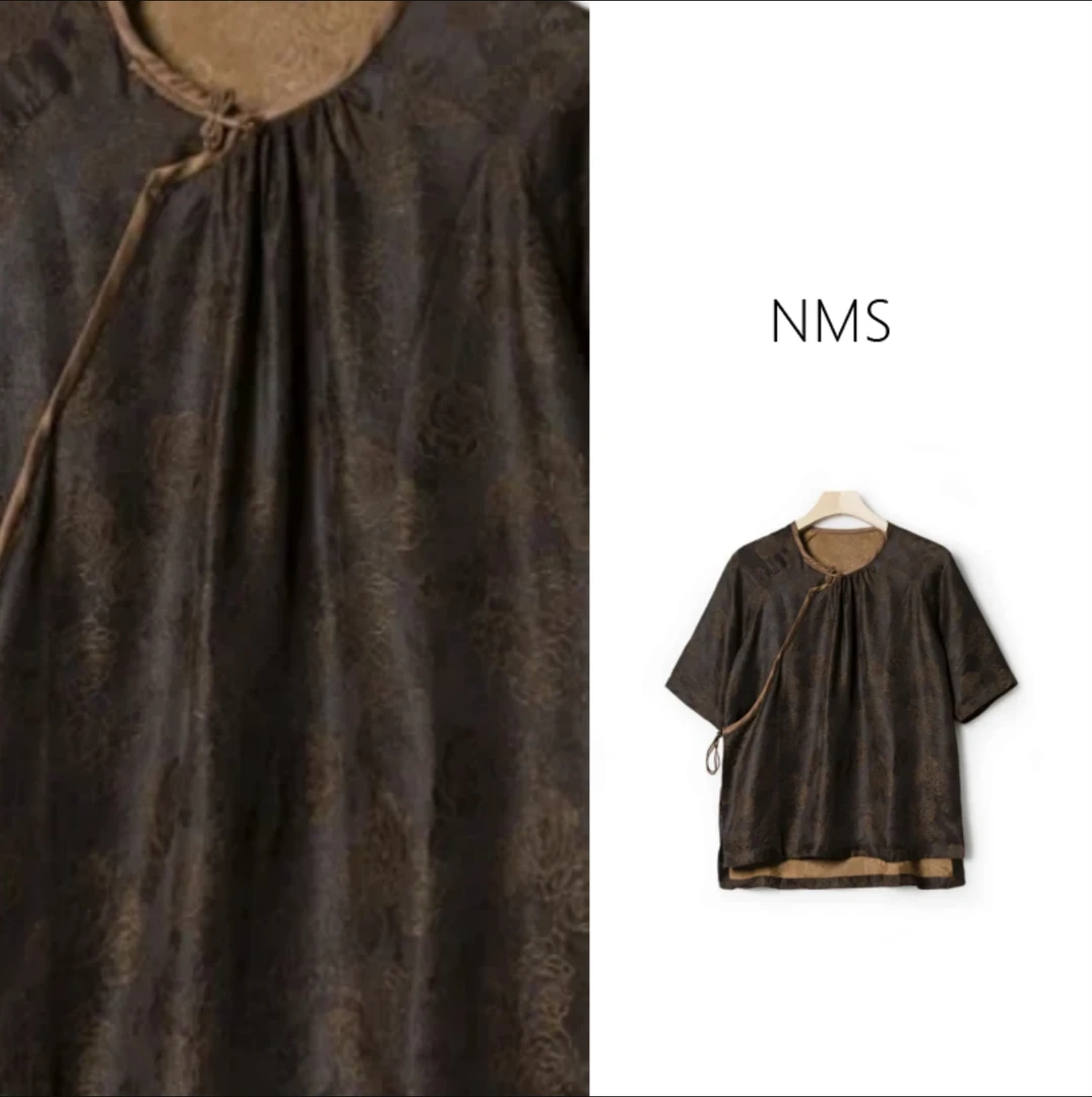 【NMS 诗绣香云纱】 香云纱交织玫瑰提花斜襟系带衬衫