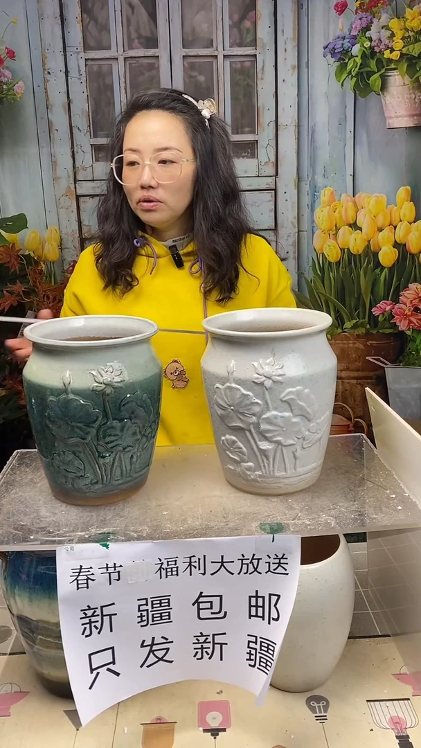 【闪购商品】红陶白绿浮雕花陶盆2个装