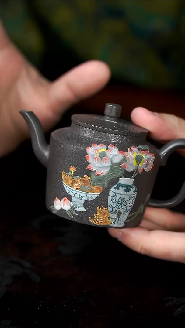 茶壶紫砂天青折肩荷花壶