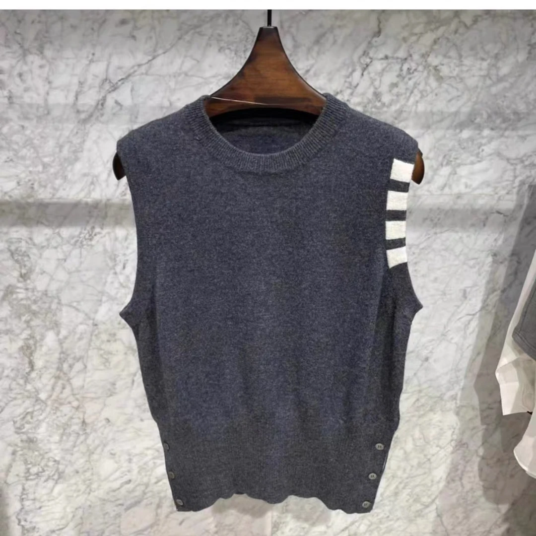 【汤姆】经典四道杠条纹时尚优雅气质圆领羊毛背心马甲