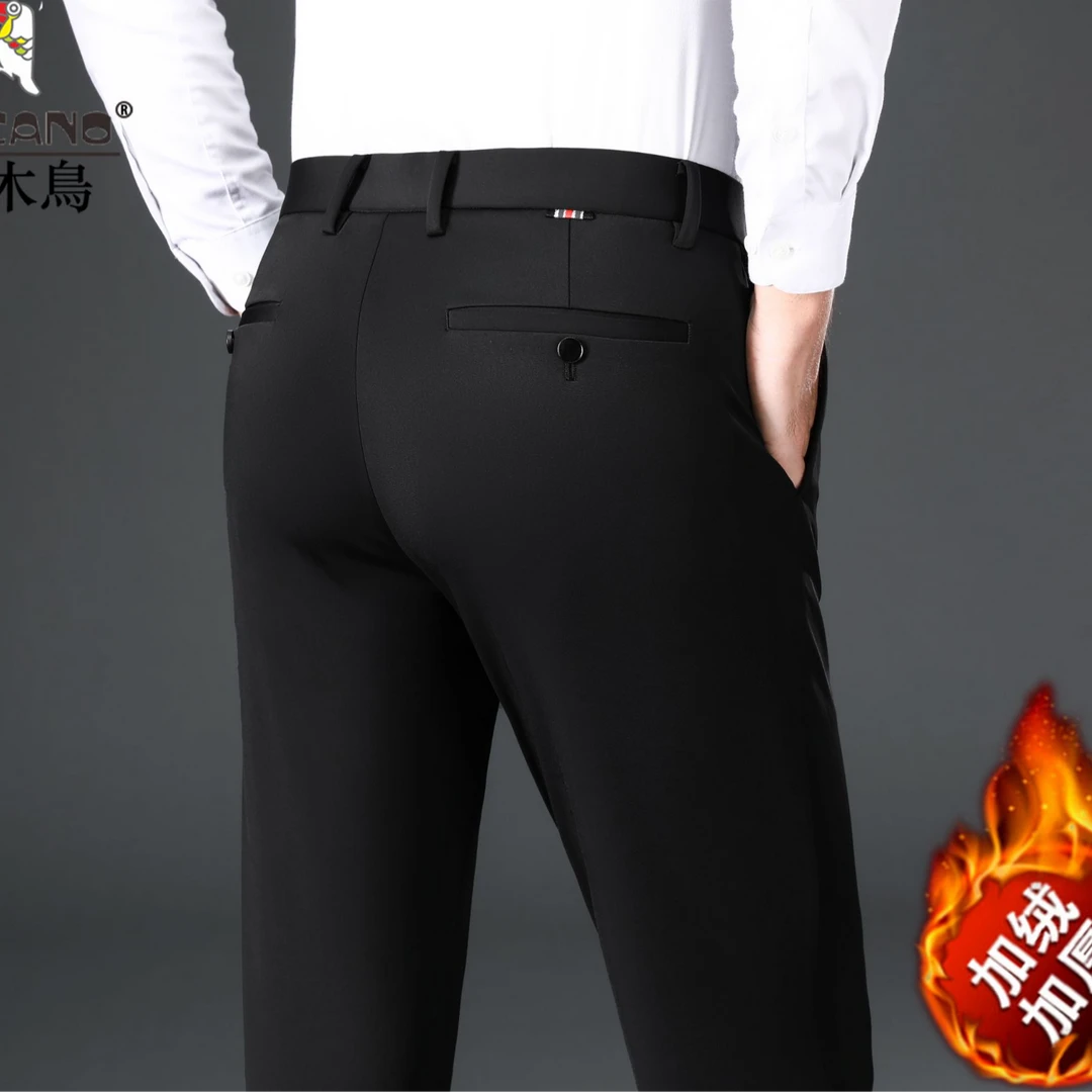啄木鸟男士商务休闲西裤秋冬季厚款加绒保暖弹力直筒裤高腰深档裤