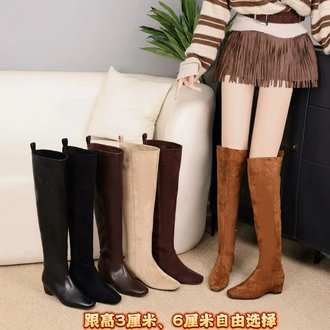 Hibseux/槿奢及膝靴设计跟高3/6公分黑咖色单里/加绒直筒靴时装靴