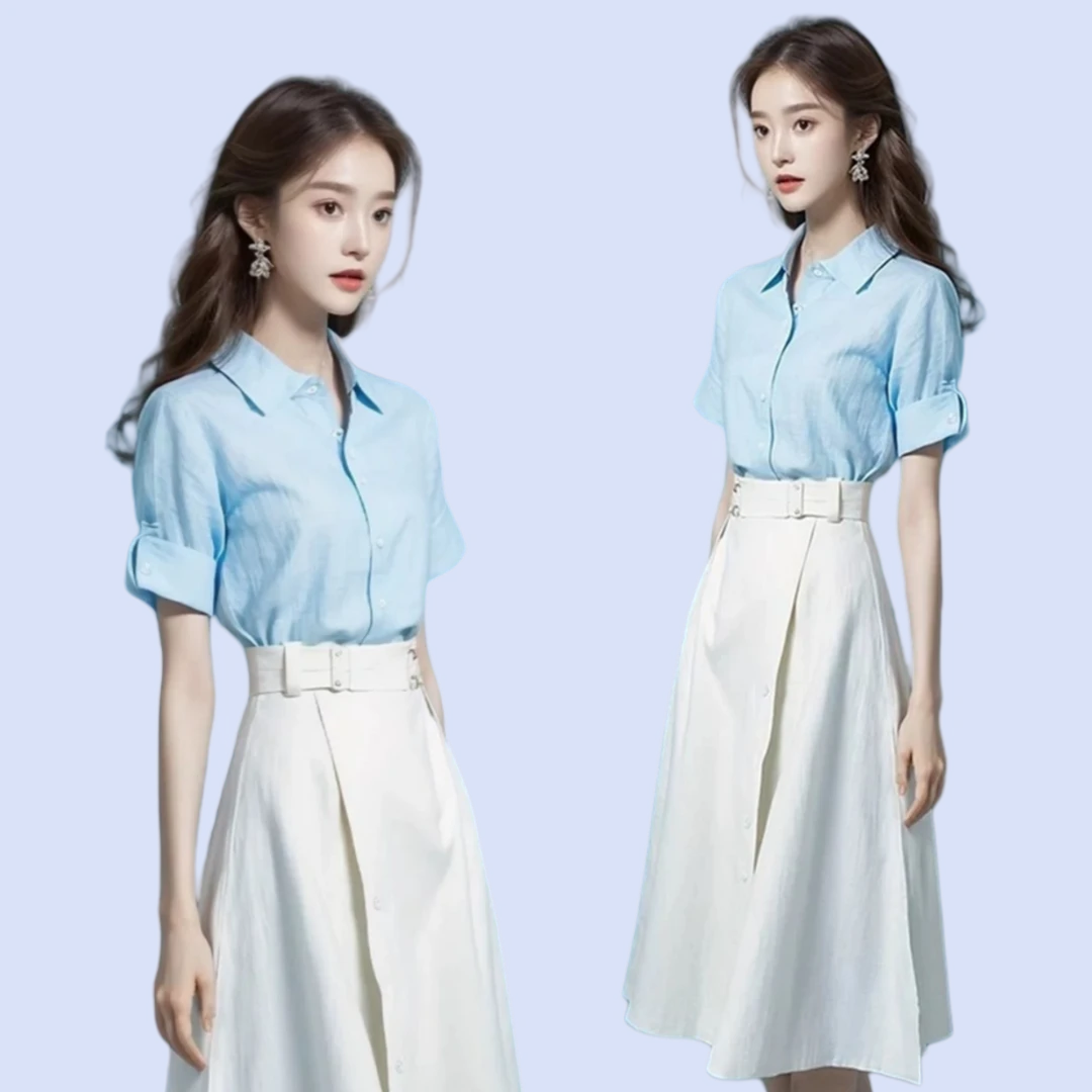 洋气减龄漂亮时尚炸街小个子搭配一整套棉麻衬衫套装裙女夏季