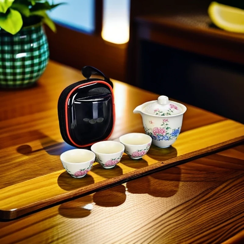 030711牡丹花旅行套茶具白