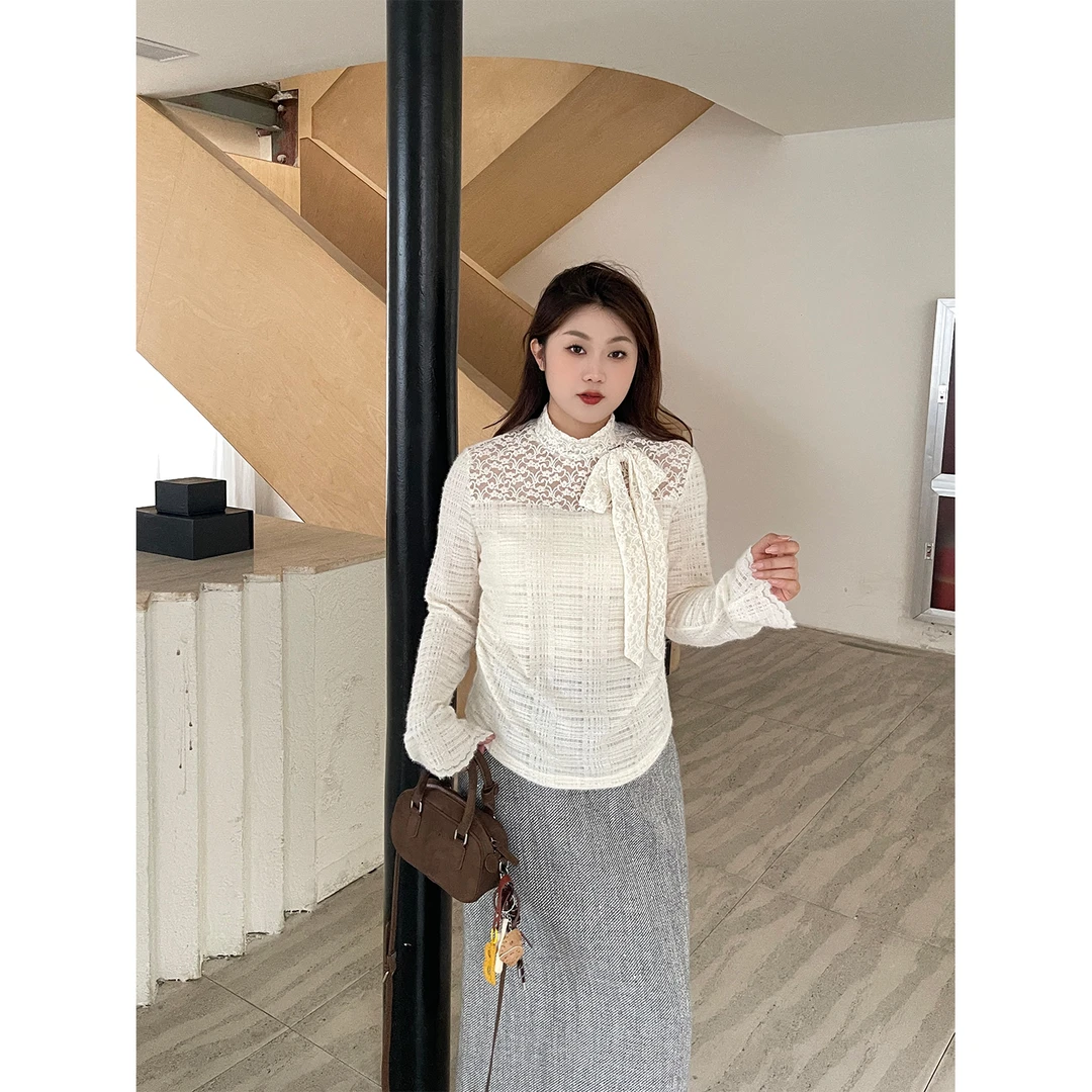 裂渡宣宣【苏黎白月光】蝴蝶结系带气质上衣女冬百搭打底衫ZY510R30