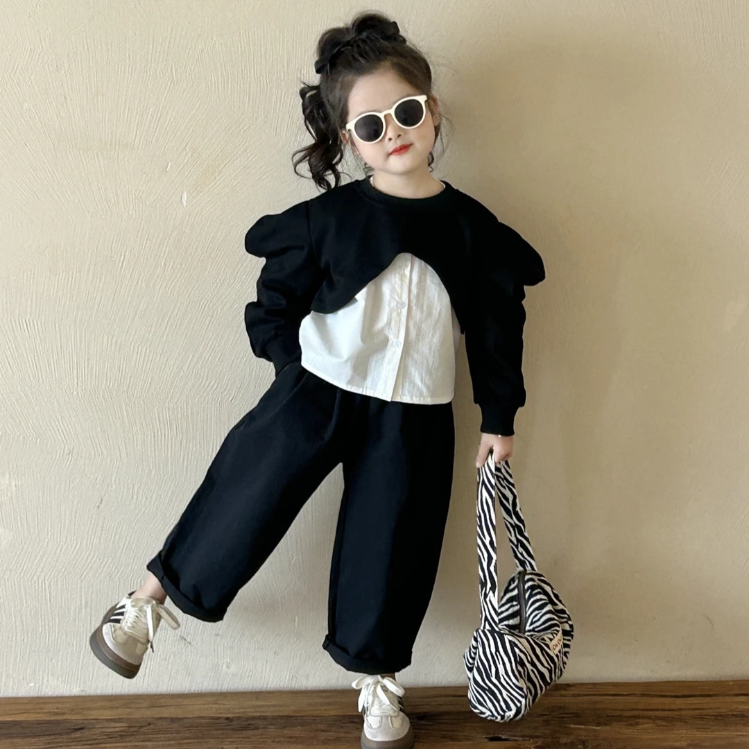 2025女童秋季新款黑色圆弧上衣+白色衬衫+黑色休闲裤套装韩版休闲