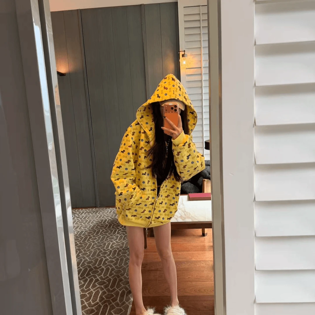 美式休闲韩版学生复古小狗印花百搭宽松连帽外套spk-B901