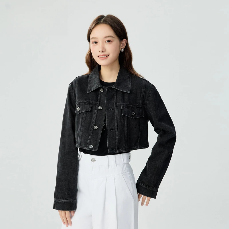 哥弟新款女装百搭长袖单排扣翻领百搭复古牛仔短夹克外套1400671