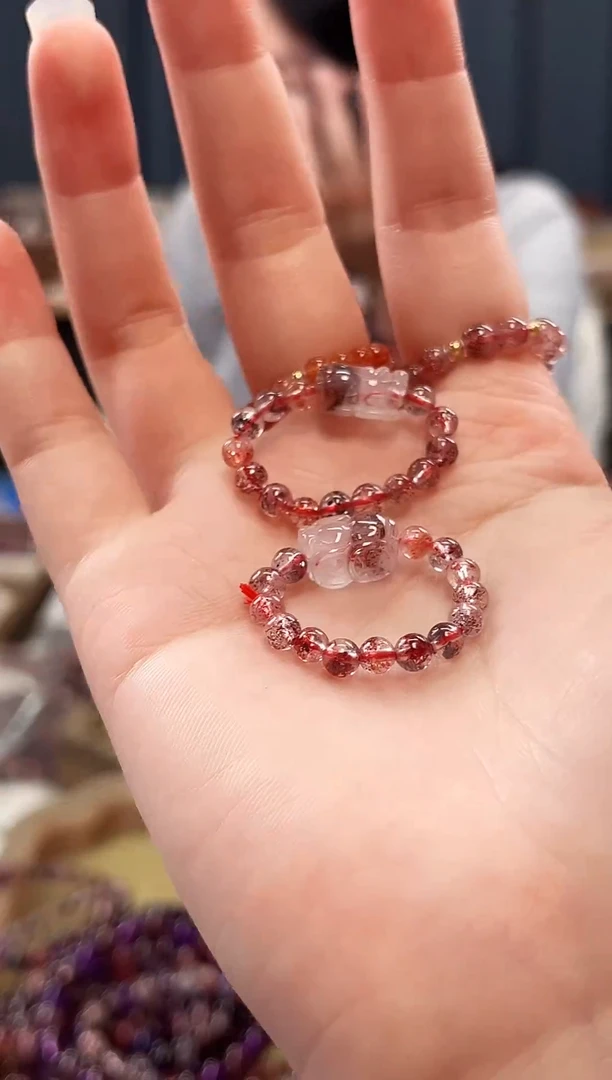 未镶嵌手串水晶金草莓超七貔貅戒圈4mm【多样性发一】