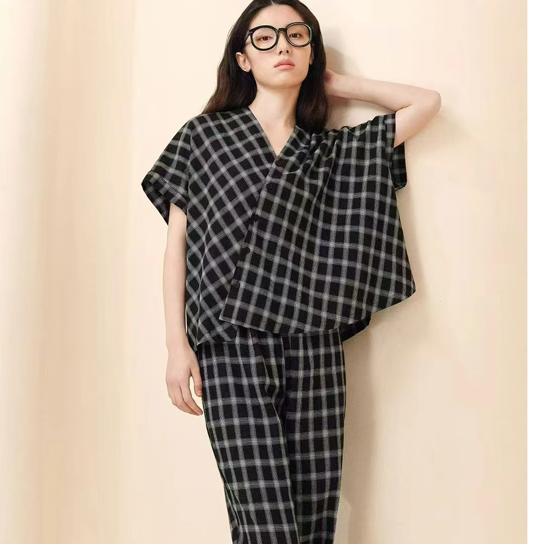 宽画25年新款经典黑格家居服女款半袖91982