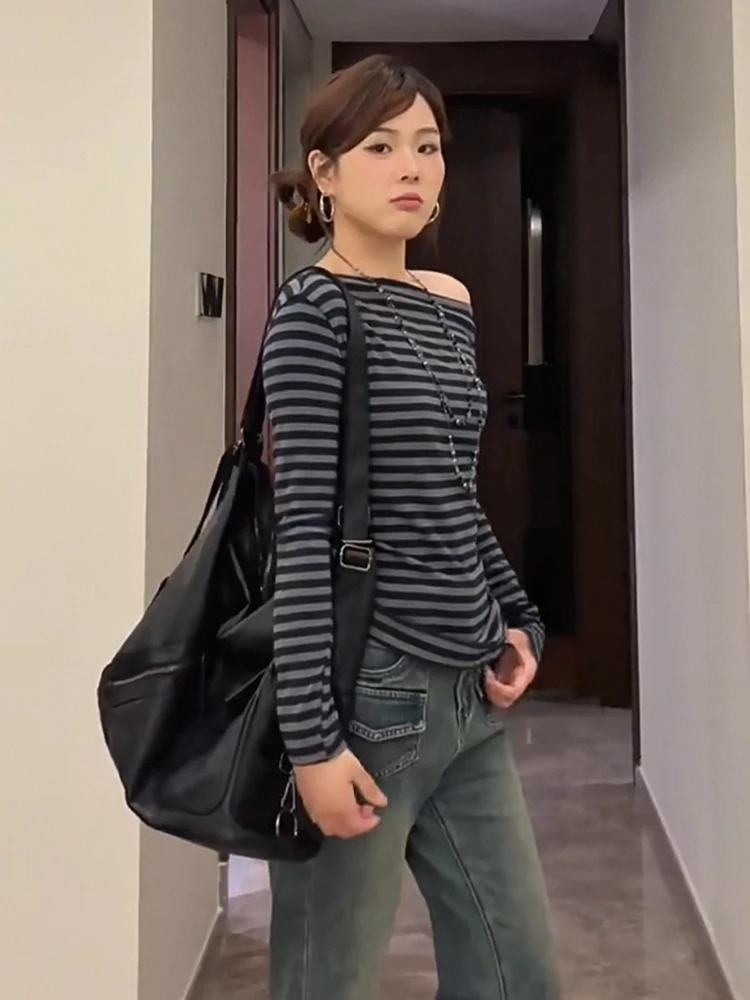 棉春秋季纯欲风复古设计感撞色条纹斜肩长袖百搭显瘦时尚打底上衣