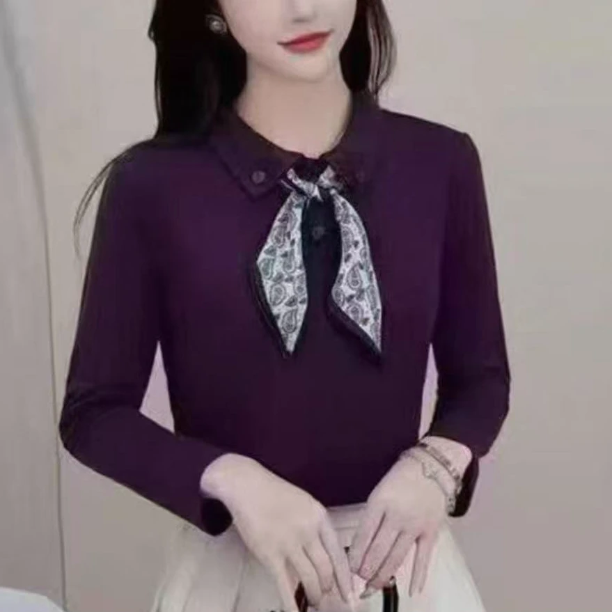 2025春秋新款休闲长袖T恤显瘦时尚丝巾气质女士上衣258808长55