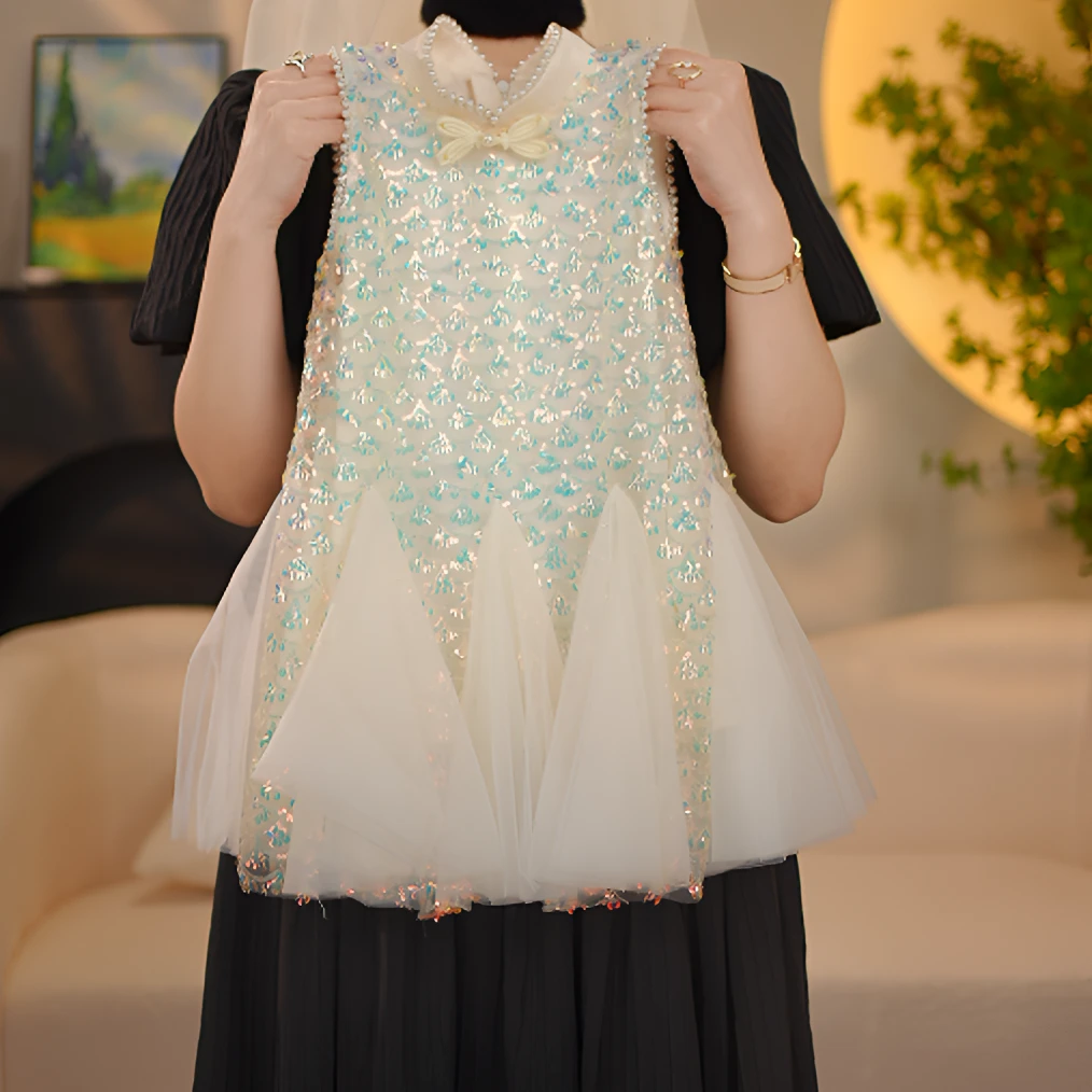 女童夏季改良旗袍裙新款儿童亮片网纱裙女孩洋气超仙中国风公主裙