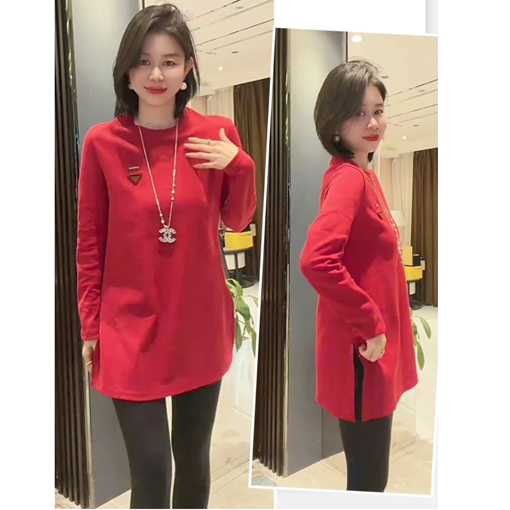 潮流春节新款红色中长款T恤打底卫衣长袖开叉时尚百搭轻职风修身