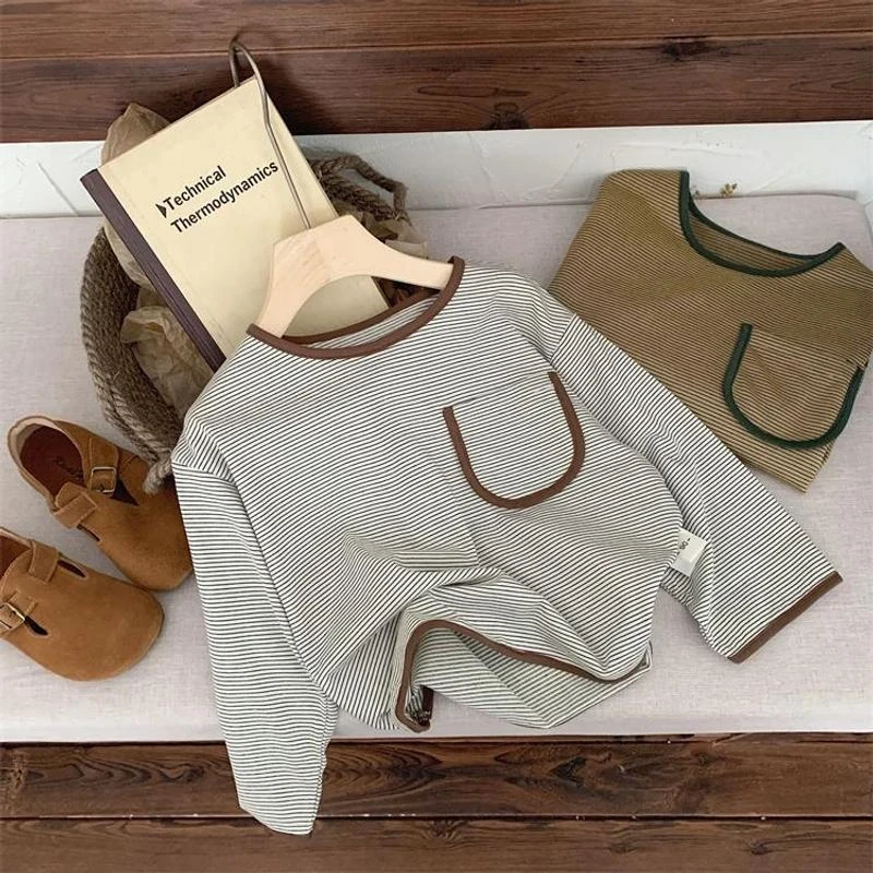 新款儿童长袖洋气中小童韩版圆领时尚可爱休闲条纹打底春秋