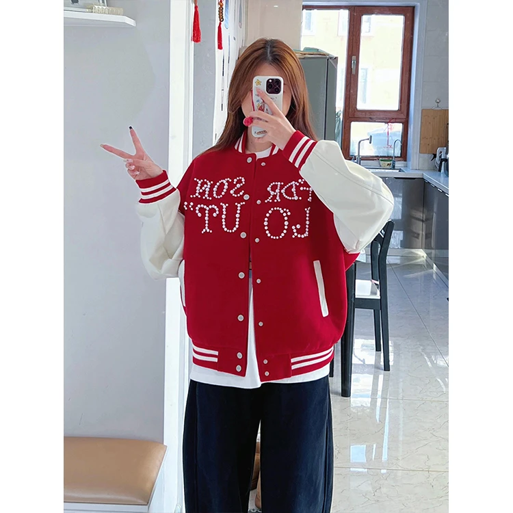 美式潮牌钉珠棒球服毛呢外套女春季新装复古百搭情侣休闲宽松夹克