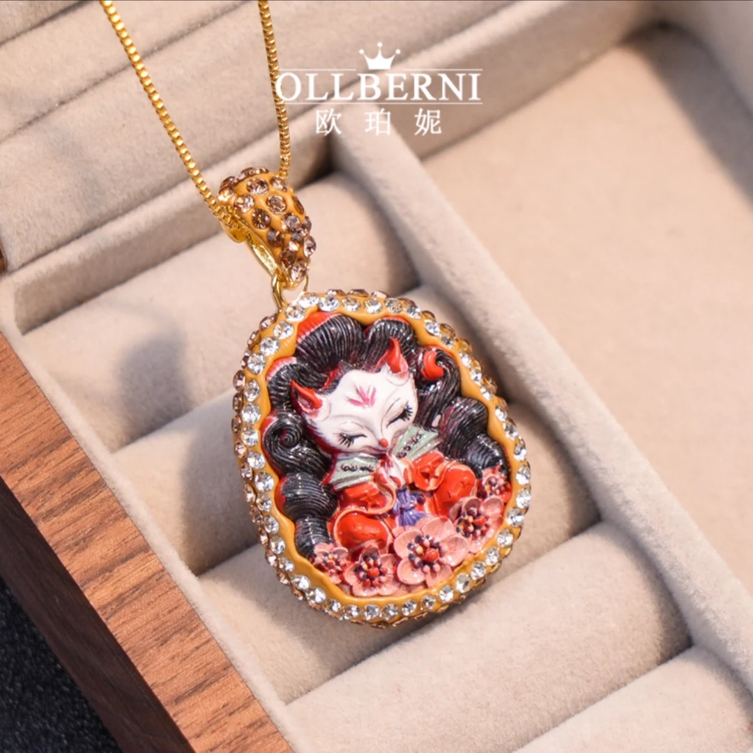 非金属莫桑石项链 手工气质复古国风手绘彩色民族风镶嵌项链2050