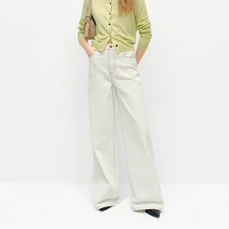 1640牛仔裤2025春新品洗旧丝棉质高腰及地直筒阔腿裤