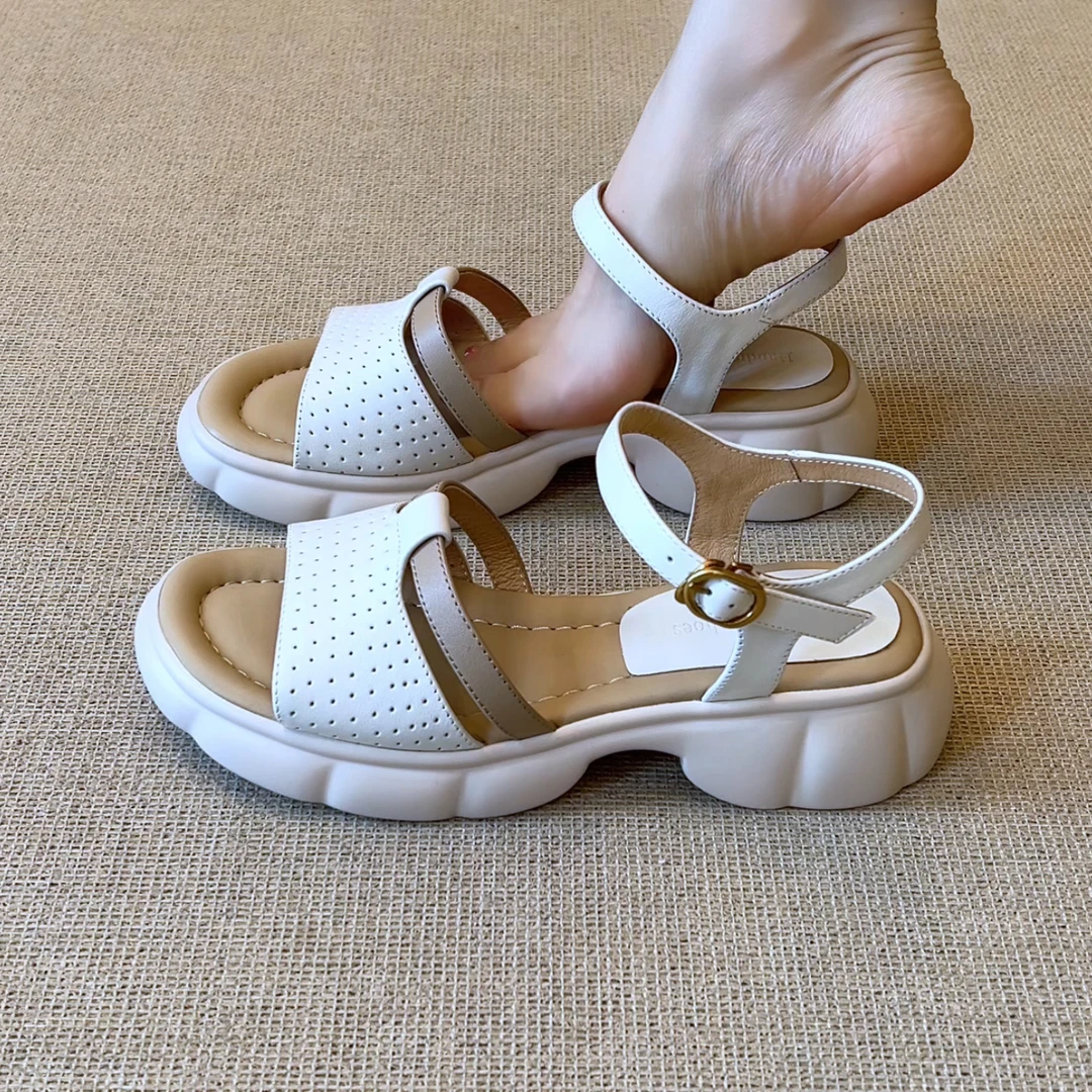 RubyL/4cm夏季新款休闲通勤舒适百搭拼色厚底粗跟露趾凉鞋女款