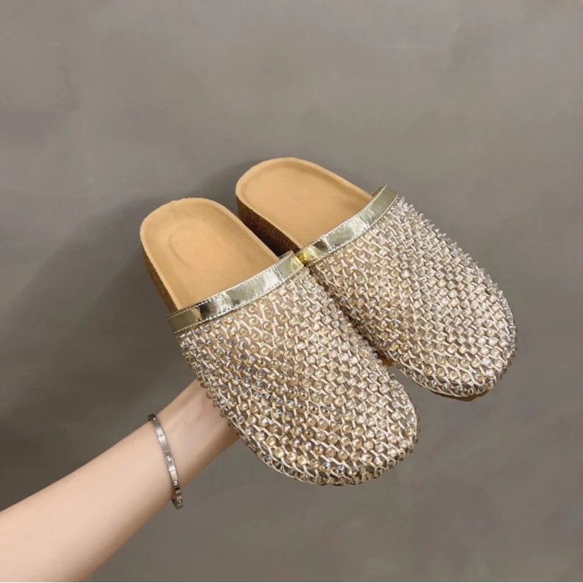 2025软底水钻渔网包头半拖鞋女款夏季新款