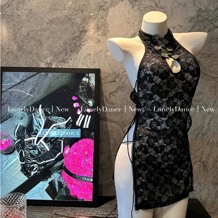 猫什么喵pro·蕾丝旗袍*氛围感珍珠美背*盘扣绑带弹力贴身连衣裙