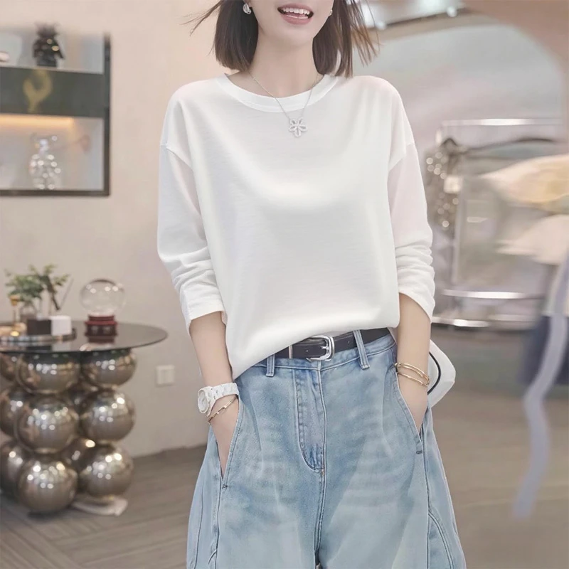 纯棉白色长袖t恤正肩新款春秋冬宽松洋气显瘦减龄打底上衣小个子