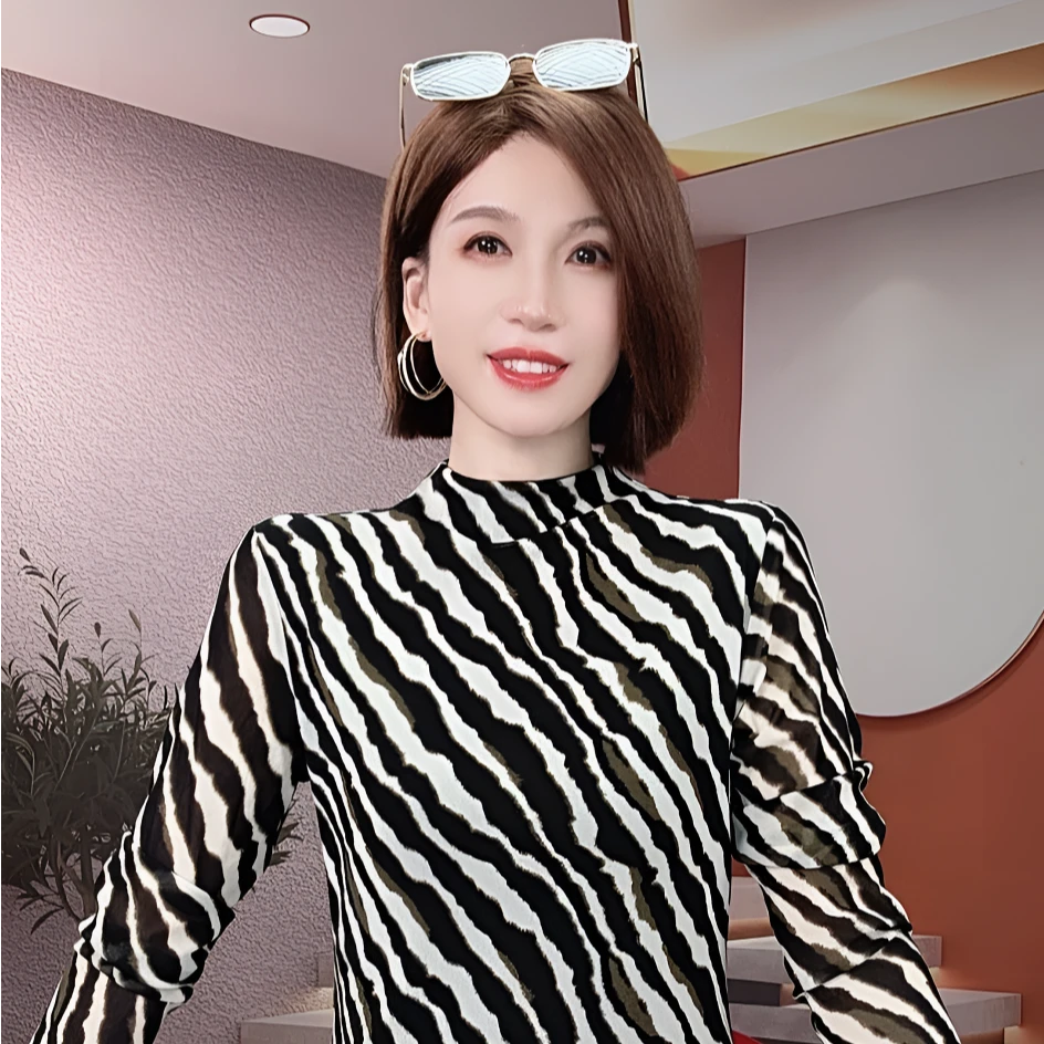 条纹印花网纱打底衫女修身秋冬半高领上衣长袖时尚2025春秋小衫潮