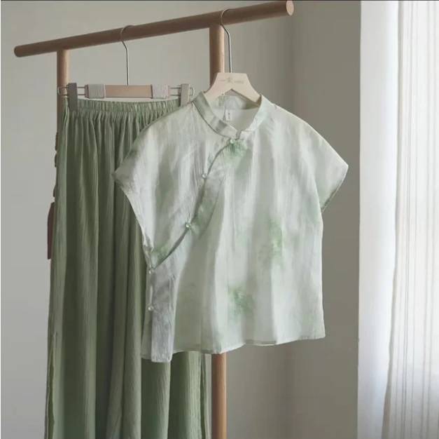 《青郁》原创小个子夏季穿搭国风禅意斜襟别致晕染小衫上衣