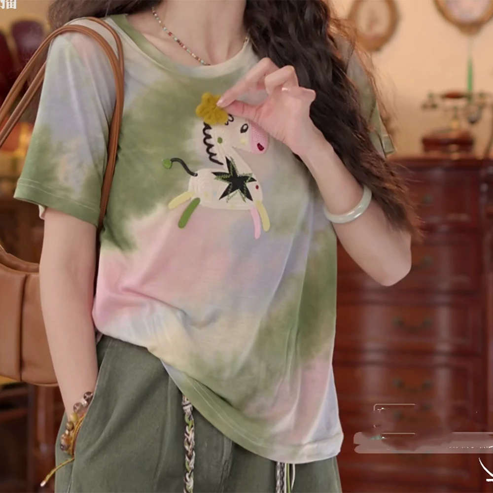 【彩染小马】复古港风小马图案夏季短袖T恤休闲上衣C5532