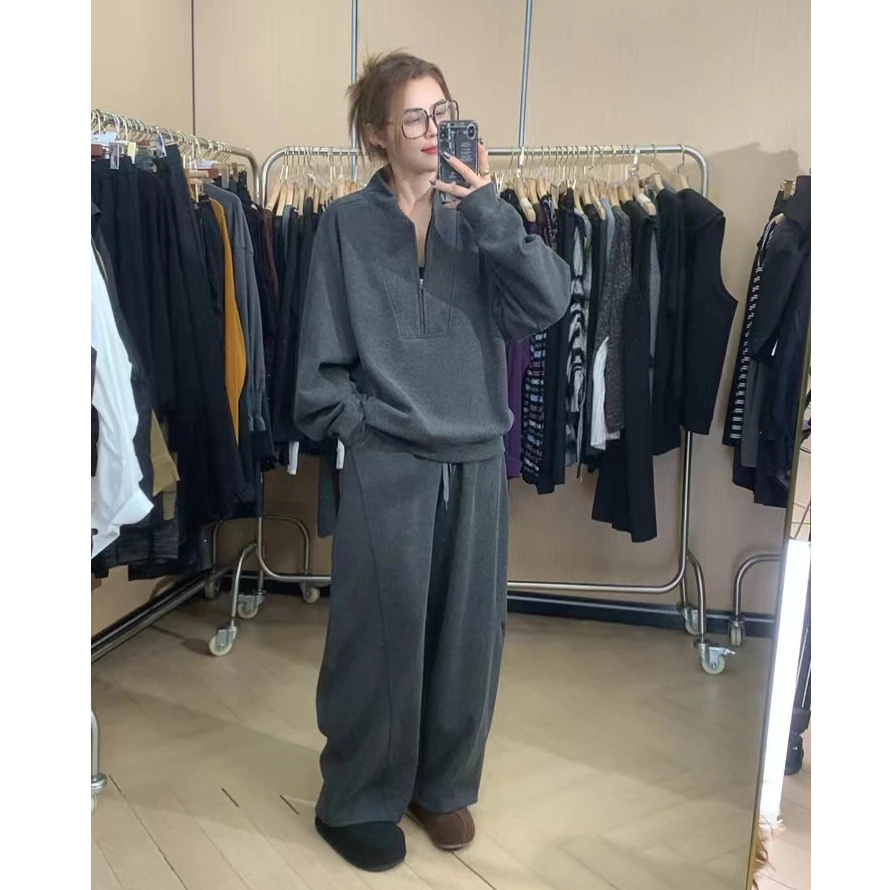 欧洲站2025秋季大码新款时尚韩版宽松纯色长袖卫衣垂感长裤套装