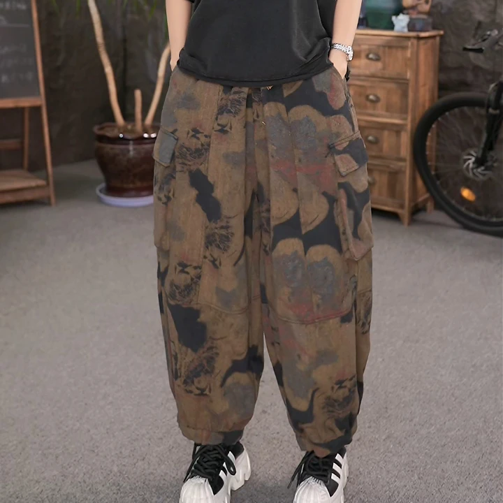 LL宽松长裤女装复古休闲裤2025新款百搭迷彩哈伦裤