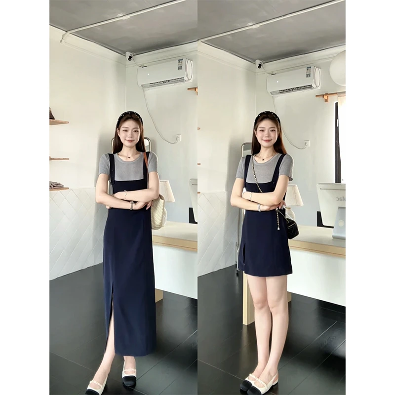 48H【逃离班味】加长减龄百搭收腰显瘦休闲高腰背带裙女 SU317