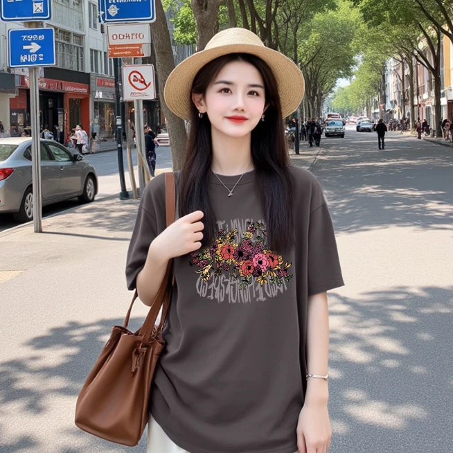 【一路繁花】纯棉宽松显瘦短袖T恤印花圆领时尚休闲百搭上衣潮流