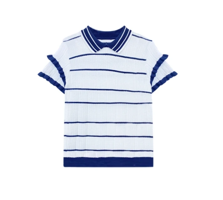 5232短袖女夏季木耳边双层袖翻领胸前字母刺绣上衣薄款