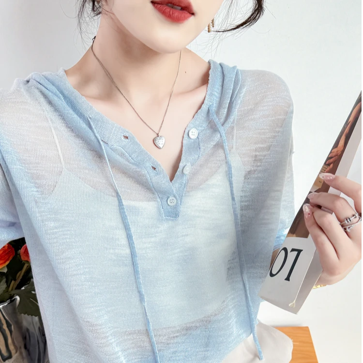 【现货】2025新款连帽防晒衫女宽松带帽打底衫薄款外搭冰丝针织罩衫