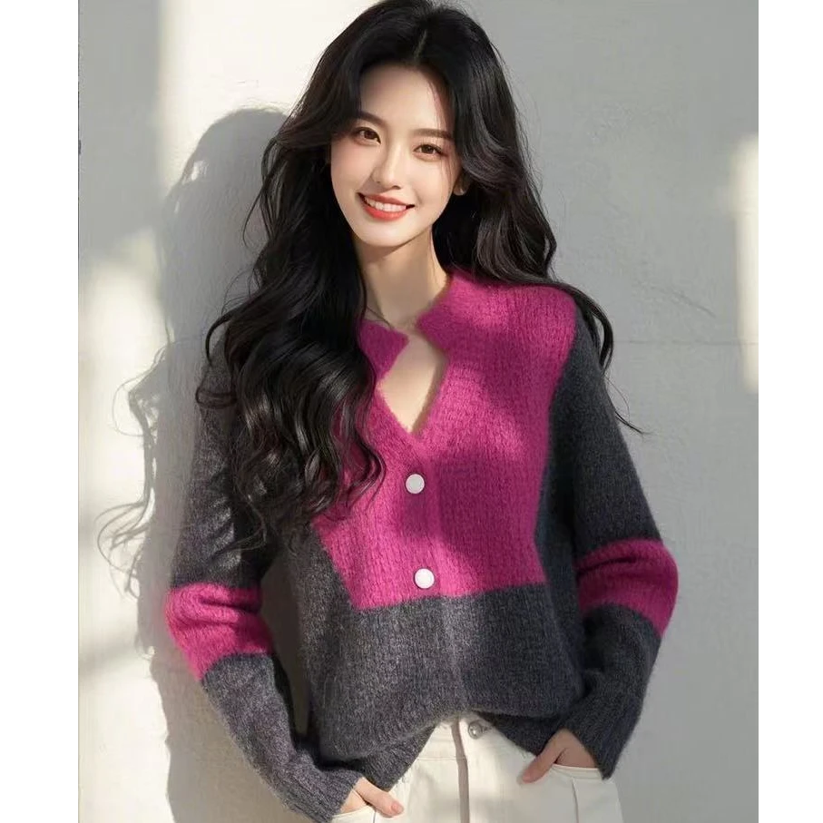 2025新款时尚洋气小个子韩系慵懒风上衣玫红灰撞色宽松针织女早春