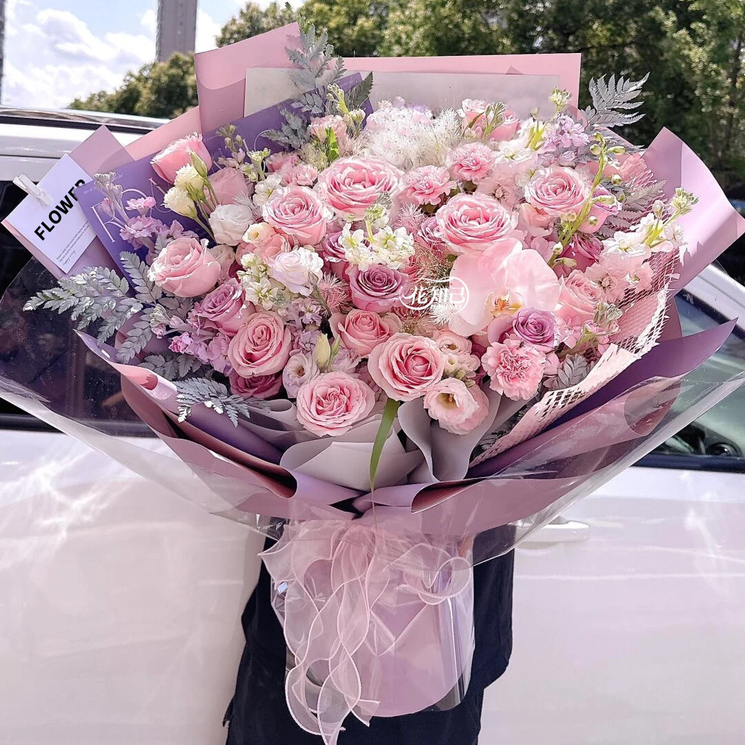 【爱意相伴】21枝粉紫玫瑰混搭1朵蝴蝶兰花束鲜花送女友送闺蜜见面花束生日礼物鲜花订购同城配送小时达