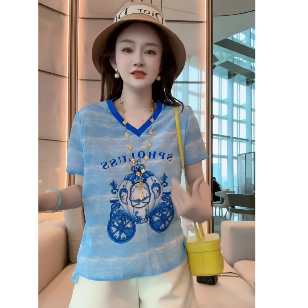 【丝芙玉禄】（F285）桑蚕丝蓝色南瓜V领显瘦时尚桑蚕丝上衣