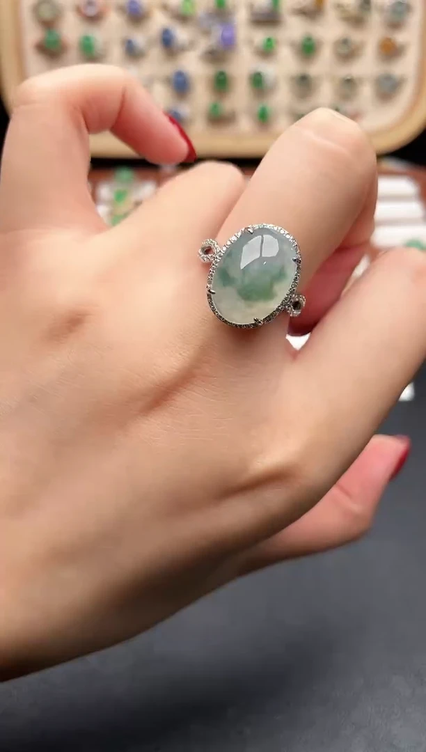 银S925镶嵌戒指翡翠一物一证一礼盒