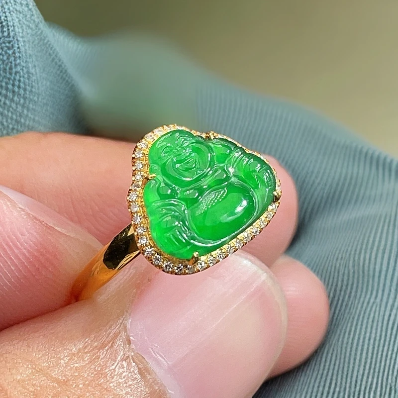 18K金天然翡翠A货-2580佛公戒指镶嵌钻石玉石珠宝戒指K黄满绿阳绿
