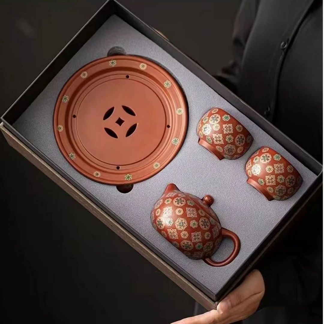 宝相花紫砂朱泥西施壶茶壶一壶二杯套组 T31