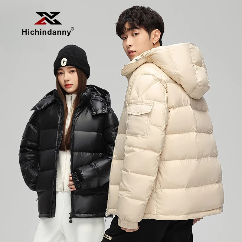 HICHIN休闲运动羽绒服男女款冬季加厚保暖鸭绒短款亮面连帽外套
