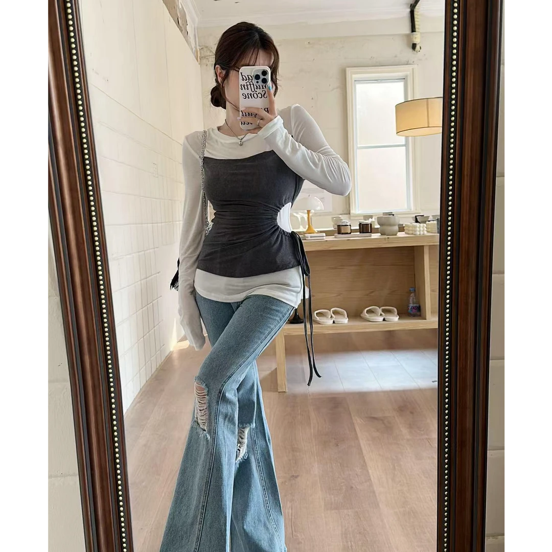 韩系新款撞色拼接假两件打底衫侧镂空抽绳上衣