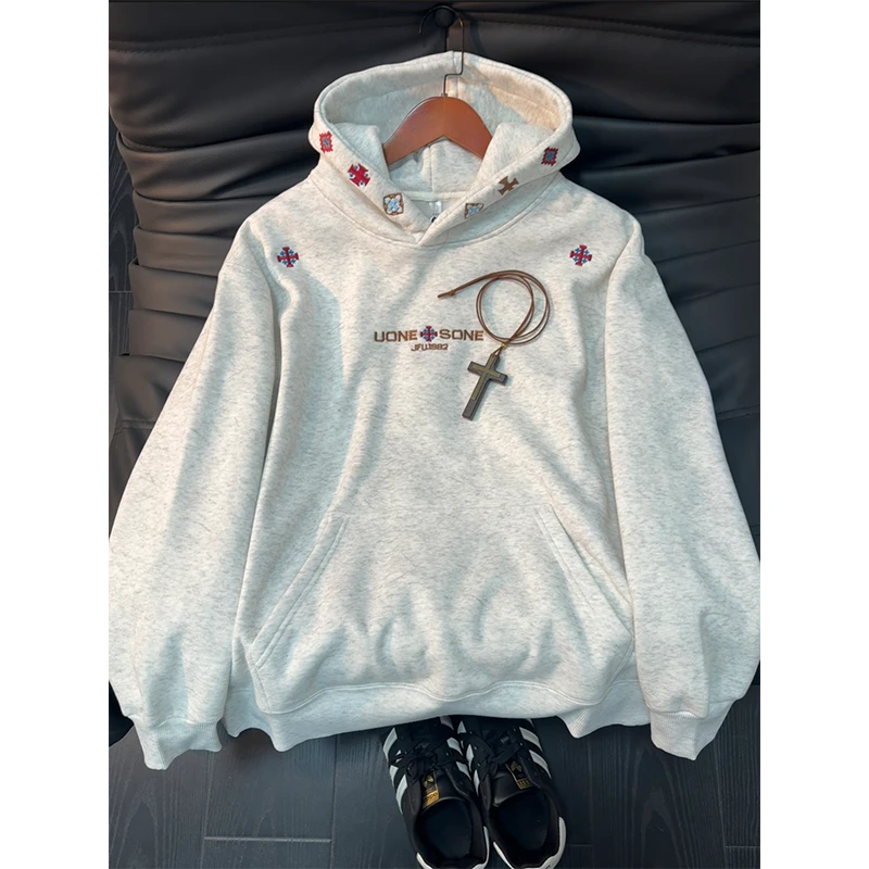 vintage加绒做旧刺绣卫衣设计感连帽衫潮牌美式休闲情侣秋冬宽松