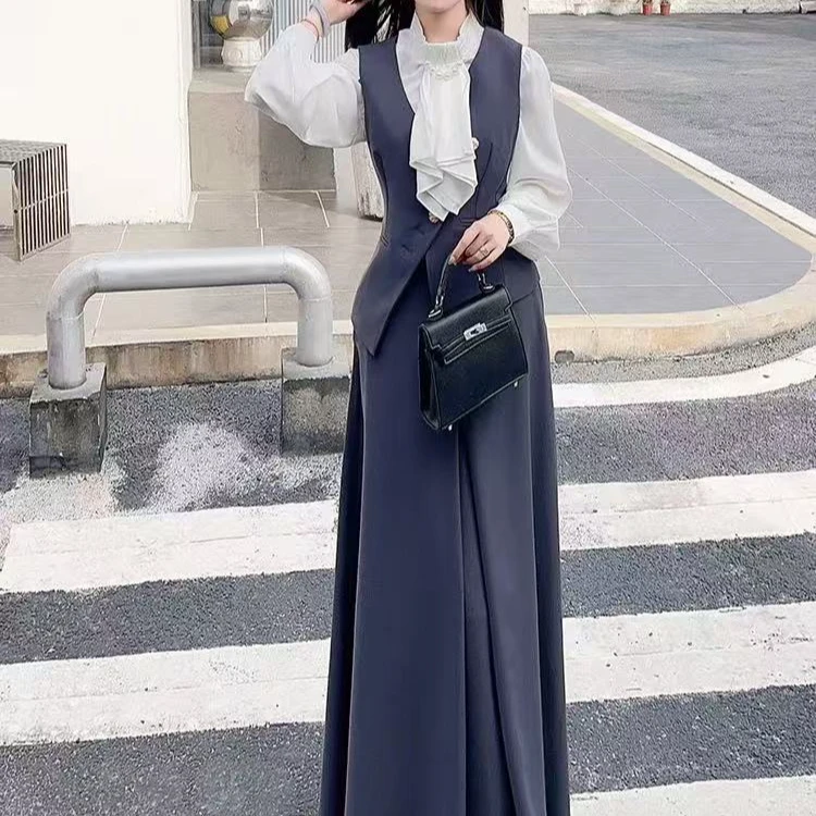 新款V领西装马甲上衣收腰长款套装裙新品显气质修身长裙61667