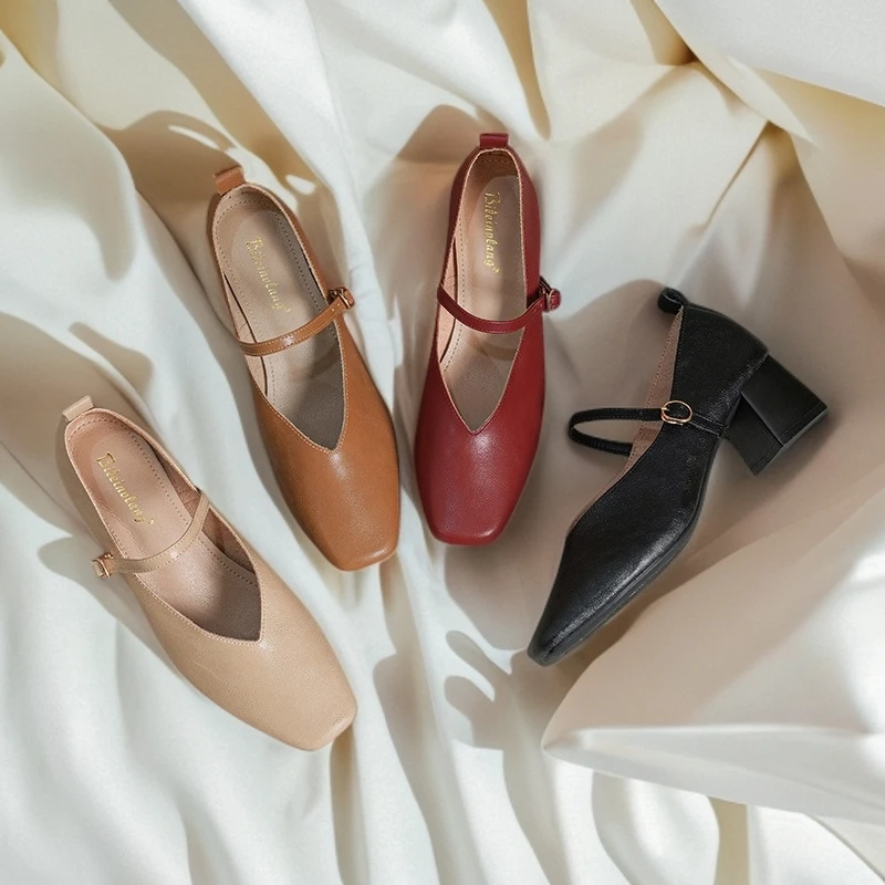 2.5/3.5/5cm玛丽珍复古真皮软皮不磨脚低跟浅口中跟V口一字带单鞋