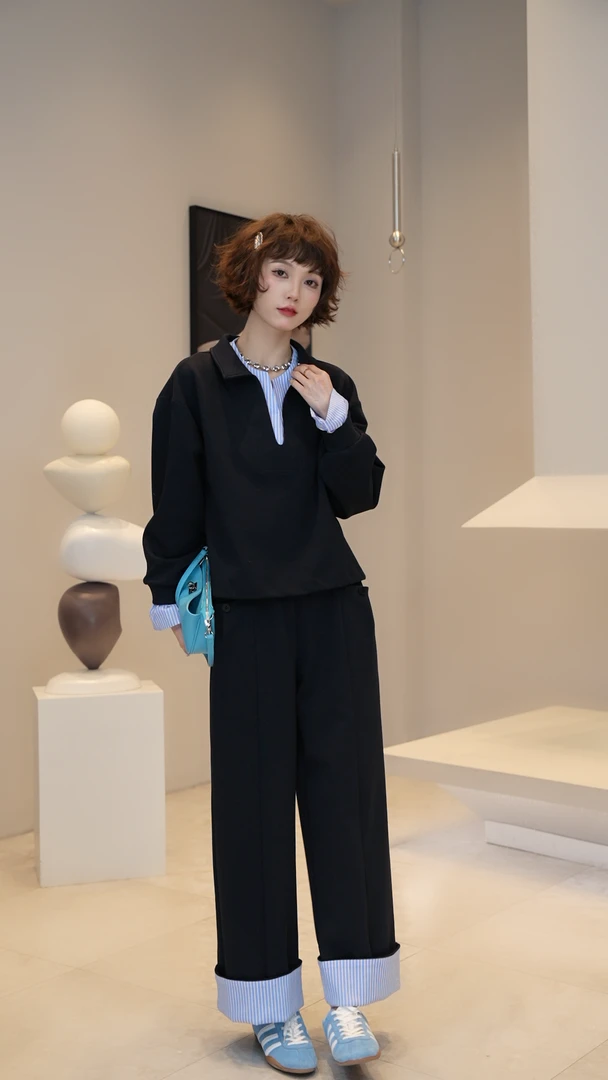 2.25【薇薇绮】假两件拼接条纹上衣高腰阔腿裤套装 A65