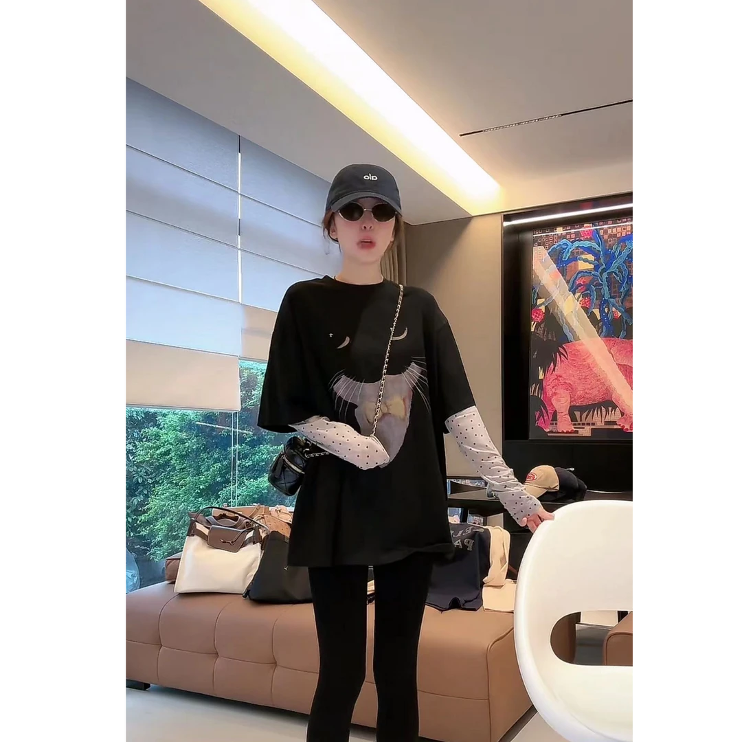 徐靖靖【波点猫咪】拼接长袖t恤女洋气衣服小众女装显瘦高档2503166