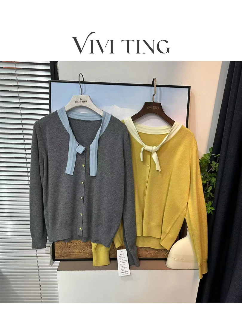 【VIVI·TING】婷姐推荐春装新款设计感单排爱心金扣绑带领毛衣开衫